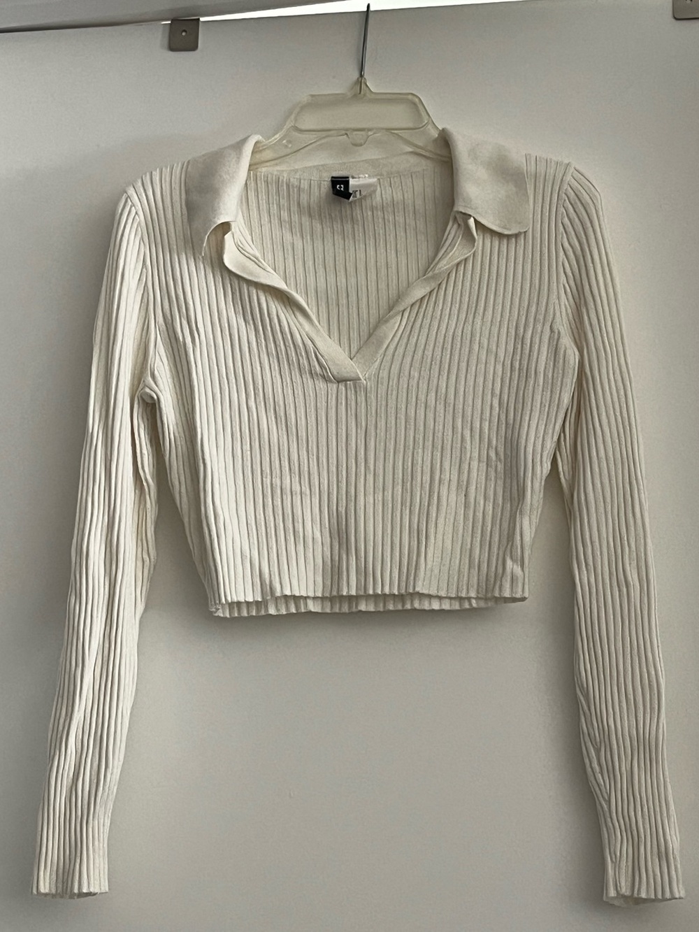 H&M Cream Ribbed Long-Sleeve Crop Top